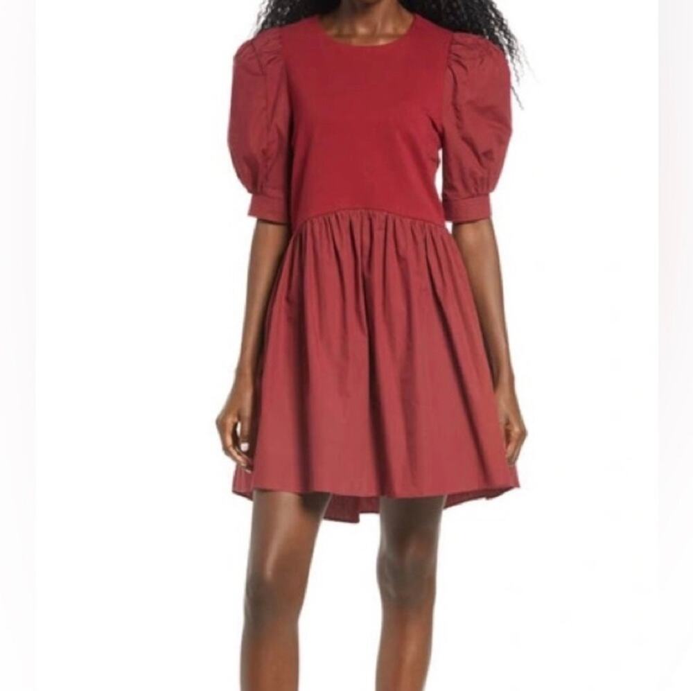 En Saison Anthropologie Gabriela Mini Dress S Burgundy Puff Sleeve Tiered Cotton